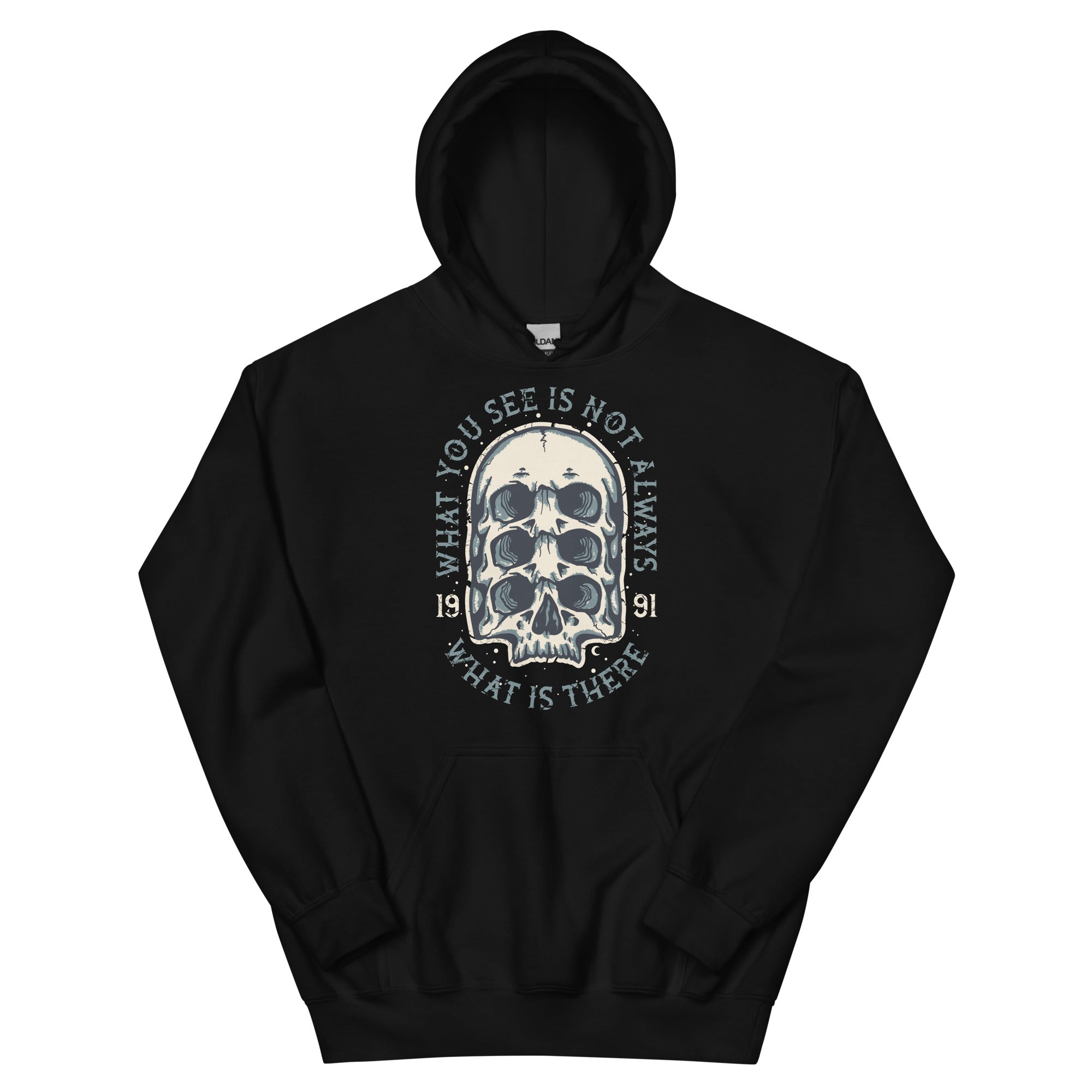 Black hoodie with surreal skull design and text