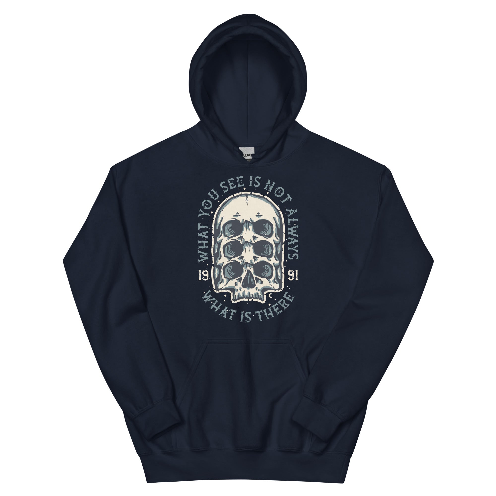 Navy blue hoodie with a surreal skull design and text in an edgy font on a white background