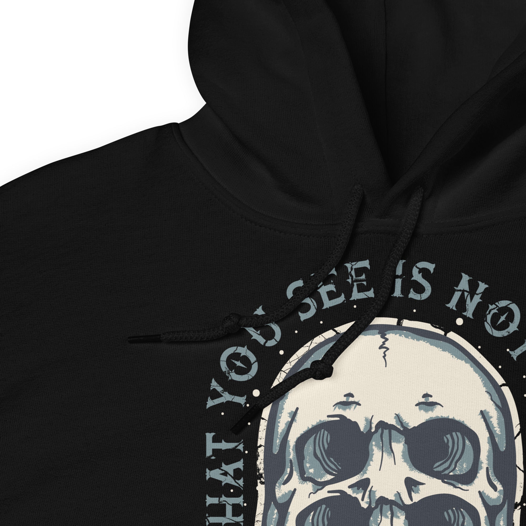 Black hoodie with surreal skull design and text 
