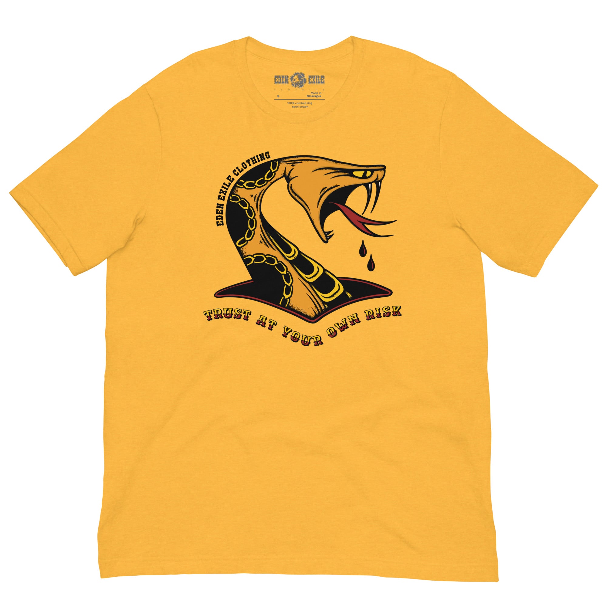 A yellow short-sleeve crewneck t-shirt featuring a graphic of a snake peaking with its tongue out, dripping blood, The shadows are done with dotwork and linework and the text 'TRUST AT YOUR OWN RISK' printed below it.