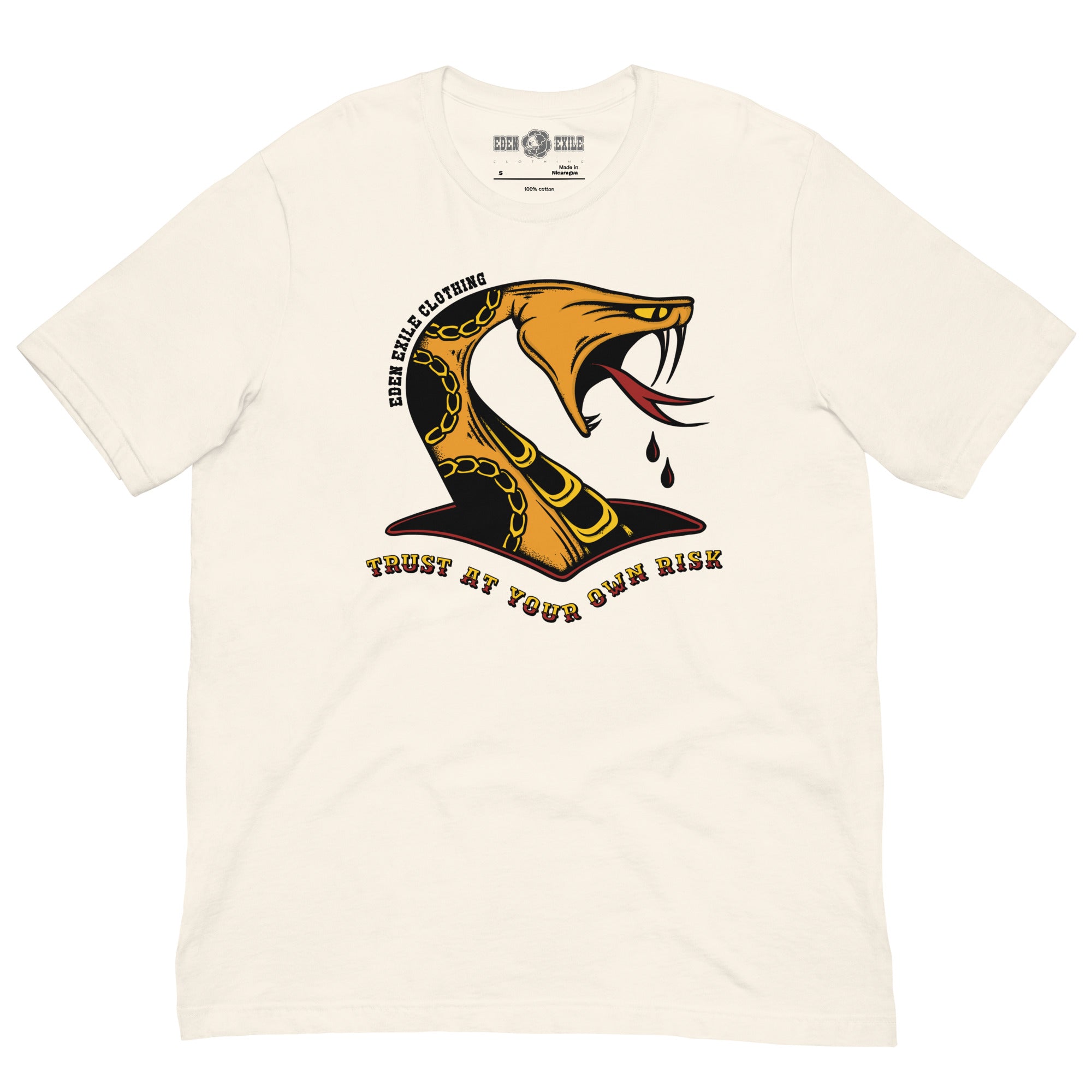 A White short-sleeve crewneck t-shirt featuring a graphic of a snake peaking with its tongue out, dripping blood, The shadows are done with dotwork and linework and the text 'TRUST AT YOUR OWN RISK' printed below it.