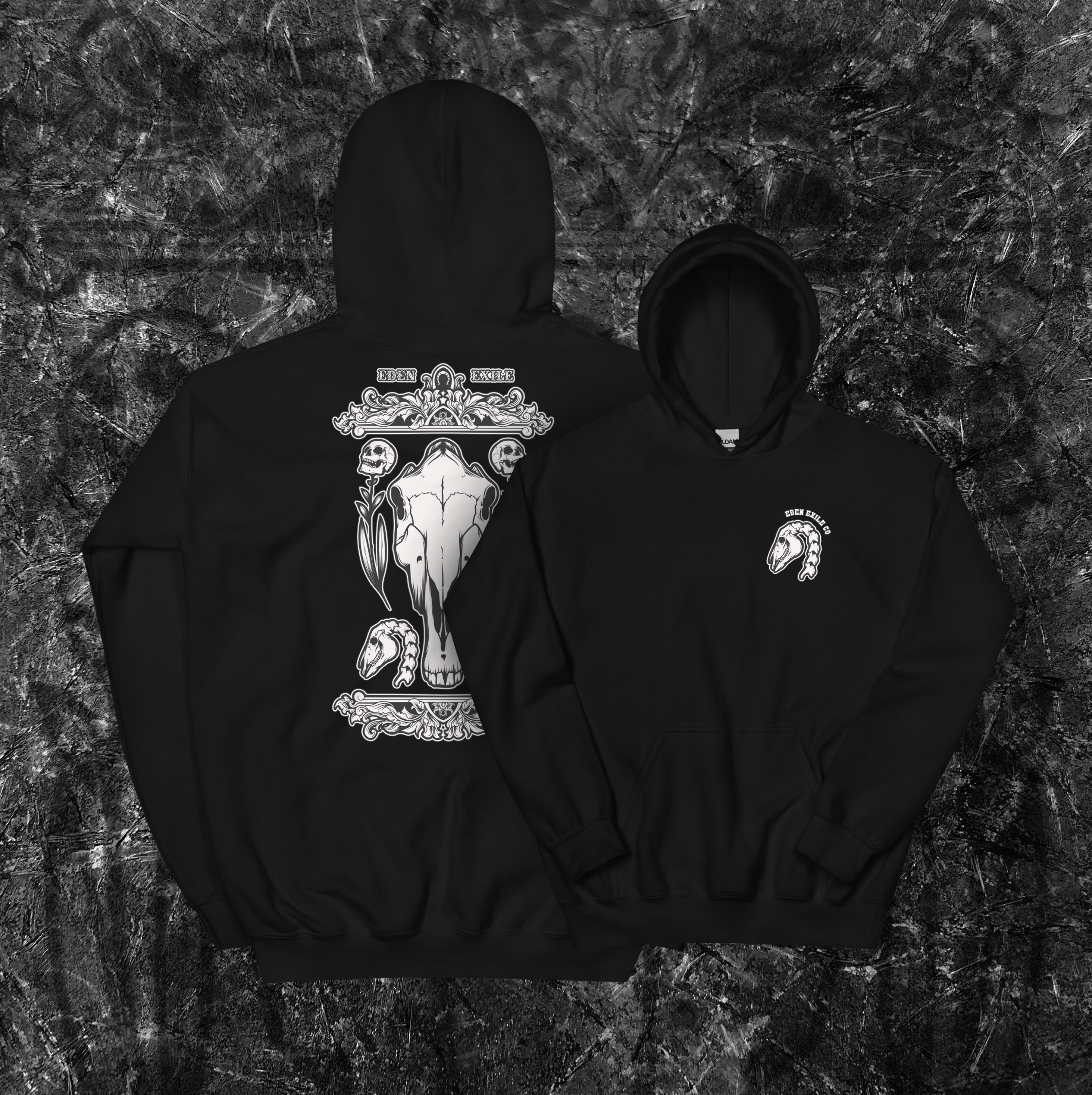 Black hoodie with intricate horse skull design on the back and smaller horse skeleton on the chest against a dark textured background