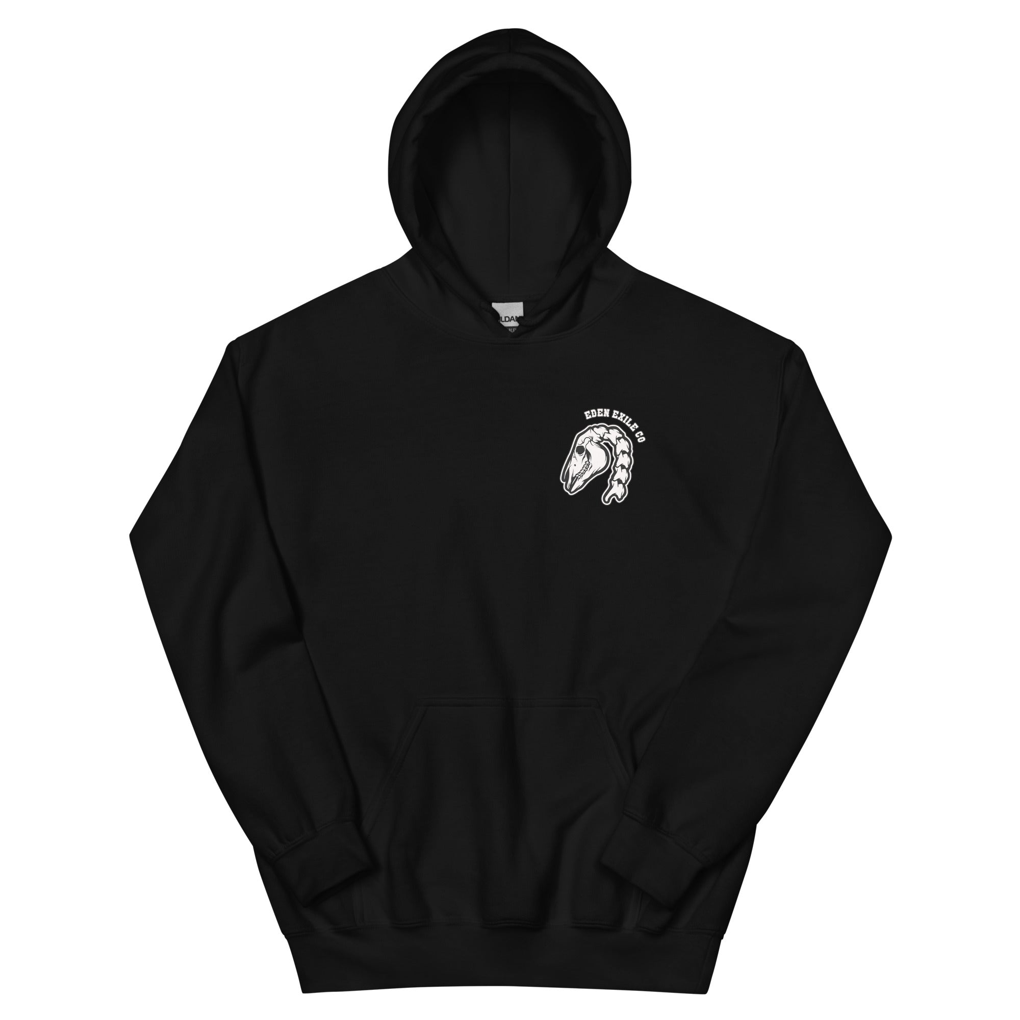 Black hoodie with a white horse skull and neck bones tattoo design  on a white background