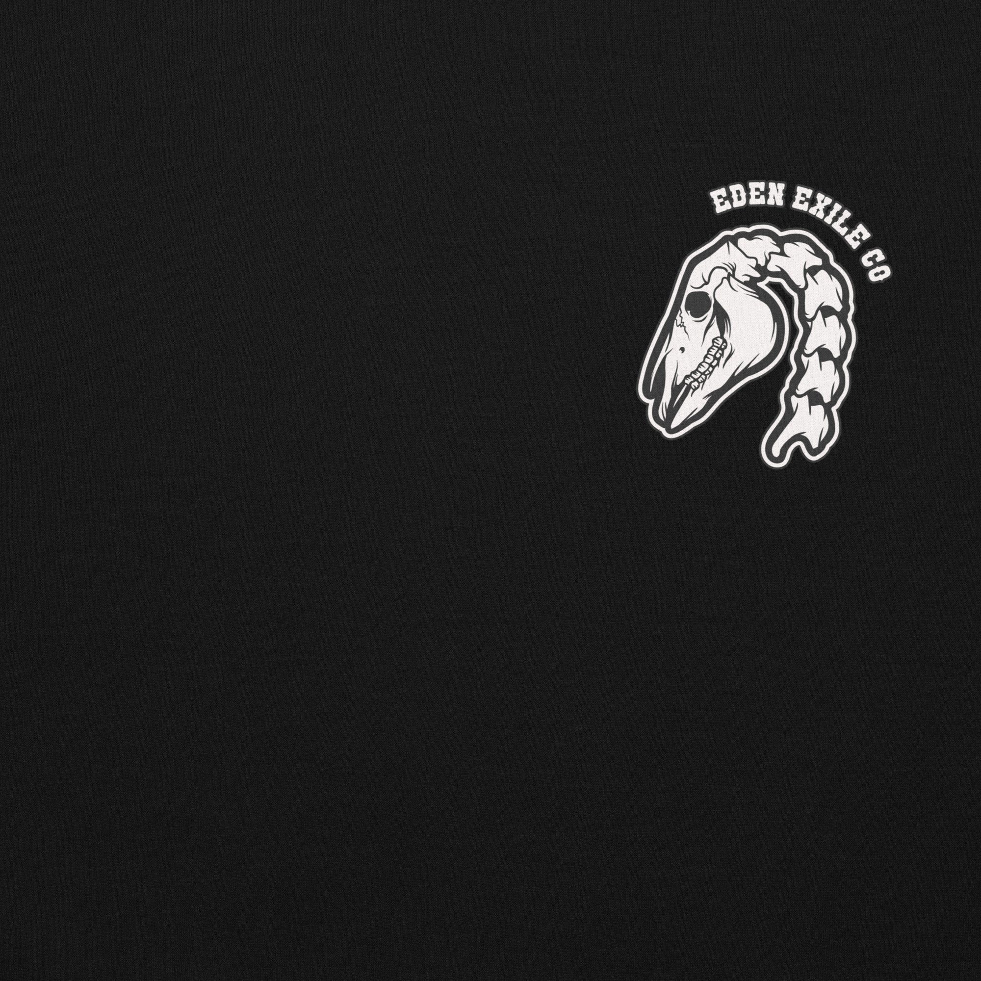 White logo of a horse skull with 'Eden Exile Co' text on a black background
