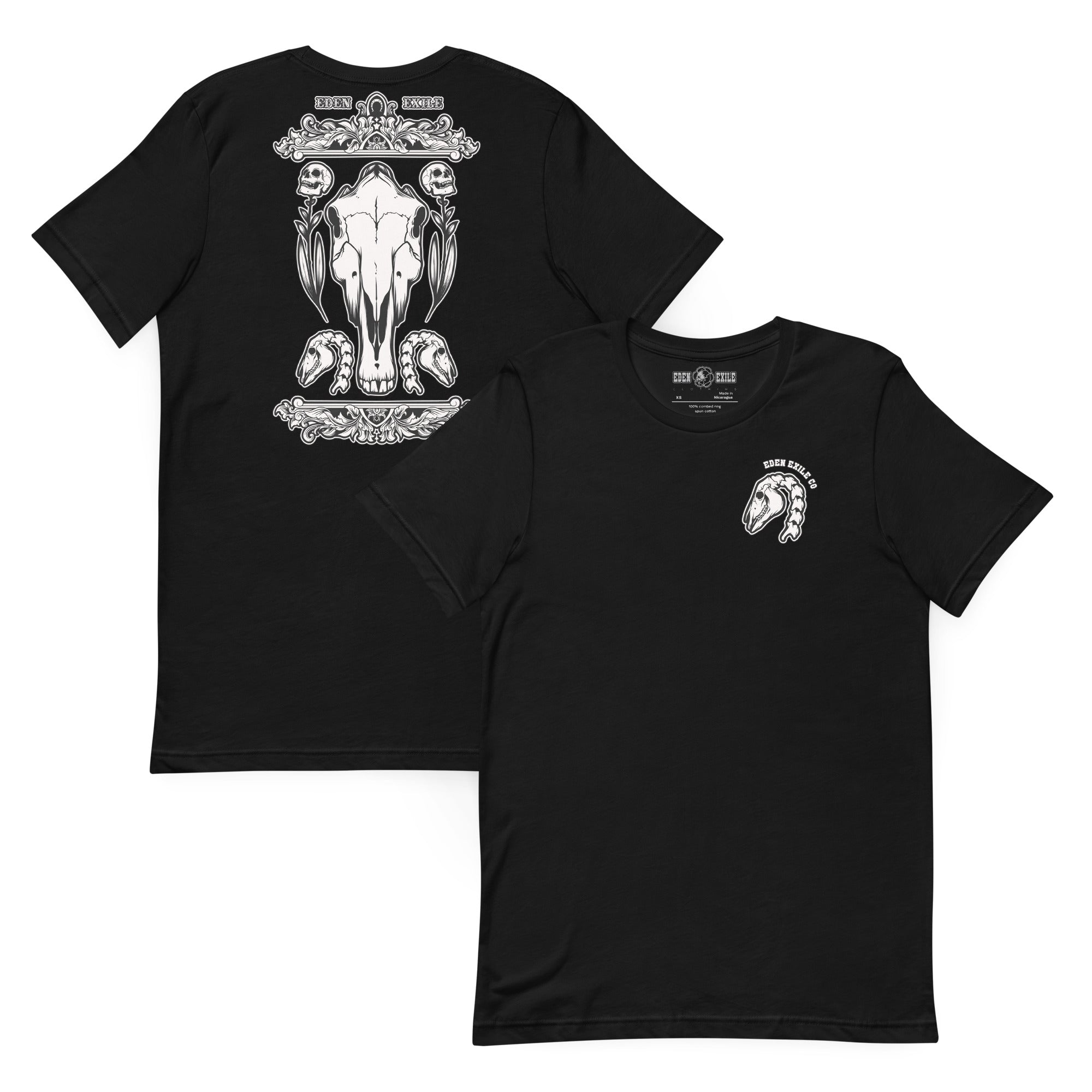 Black t-shirt with dark art comosition of horse skulls and flowers with human skulls for heads, and detailed beautiful europian wood carving style decore.