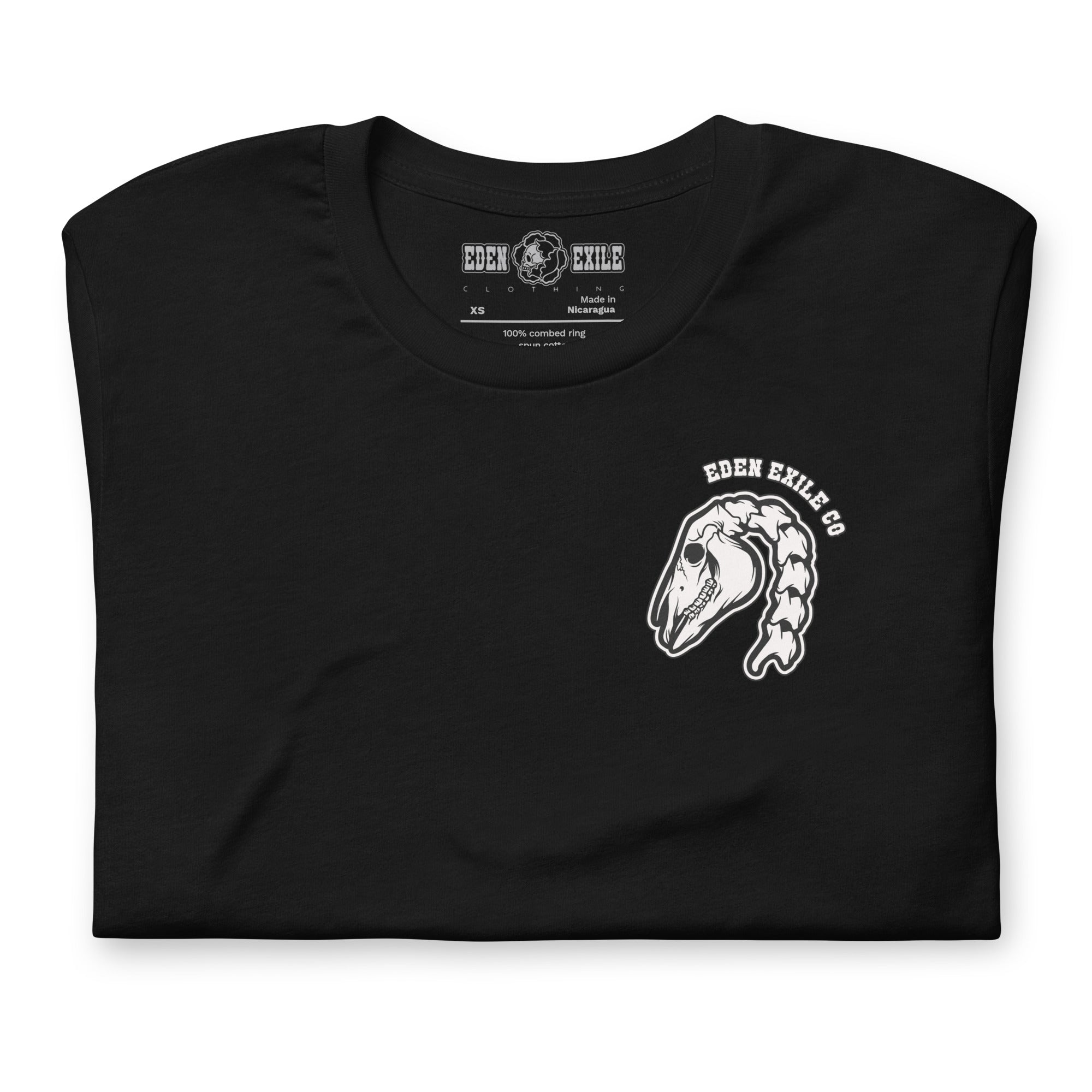 Black t-shirt with 'EDEN EXILE CO' text and horse skeleton art