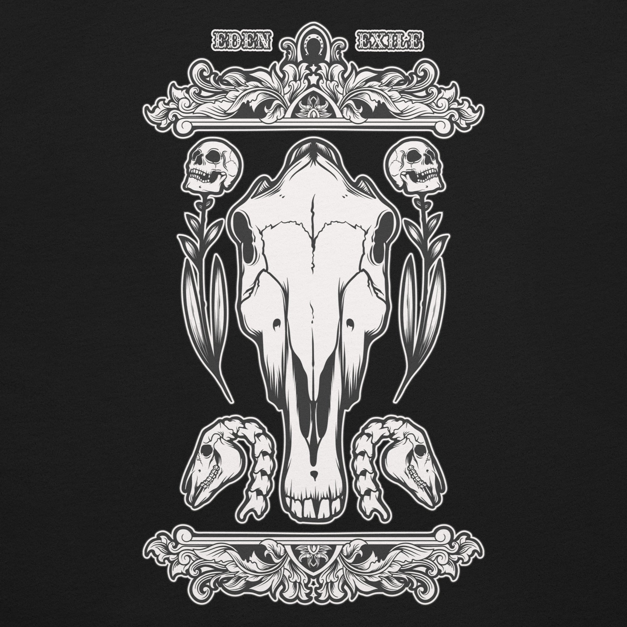 Decorative hand drawn illustration of a horse skull, floral elements, human skulls as flowers  and horse subtle horse shoe 