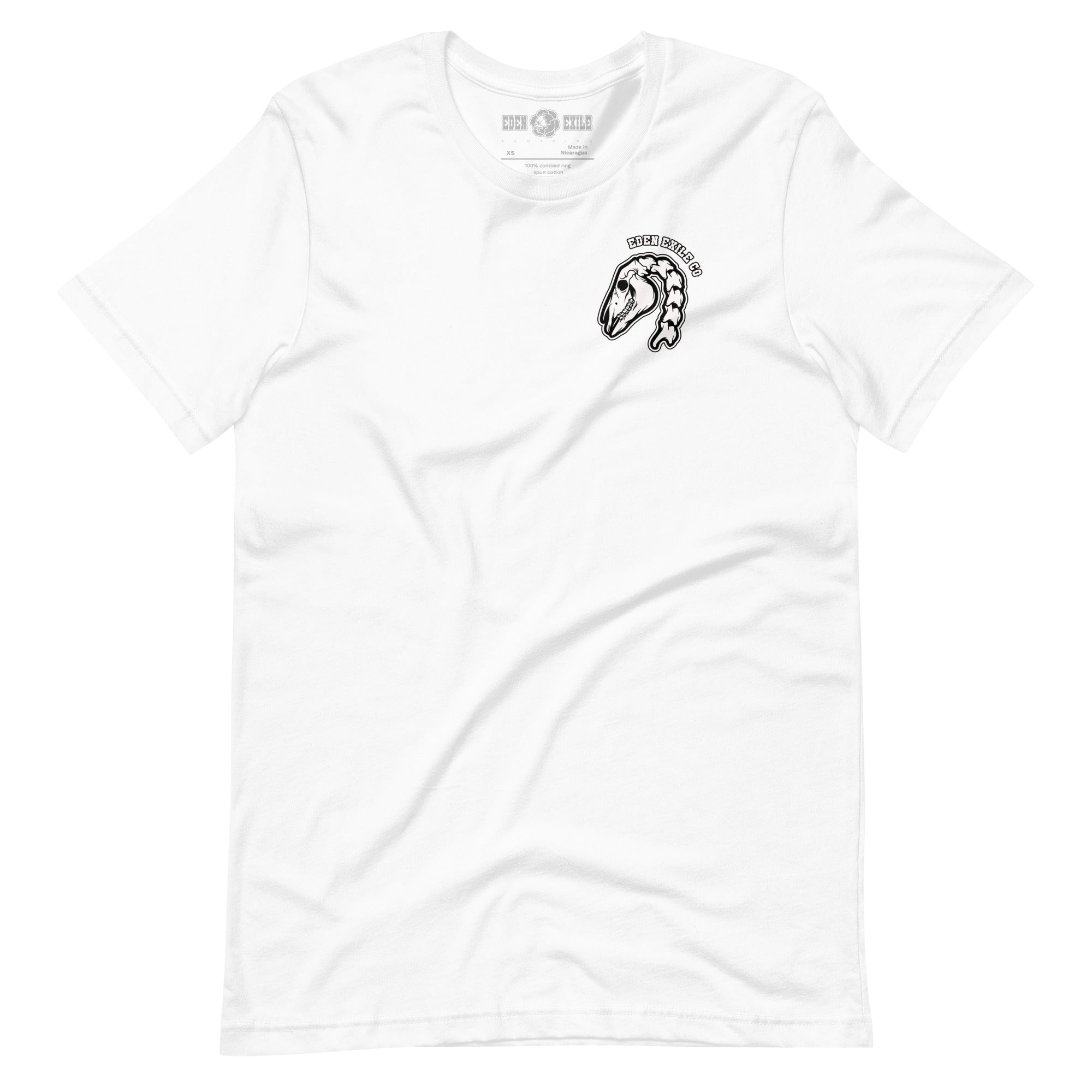 White t-shirt with ahorse skeleton in tattoo art style  and text.