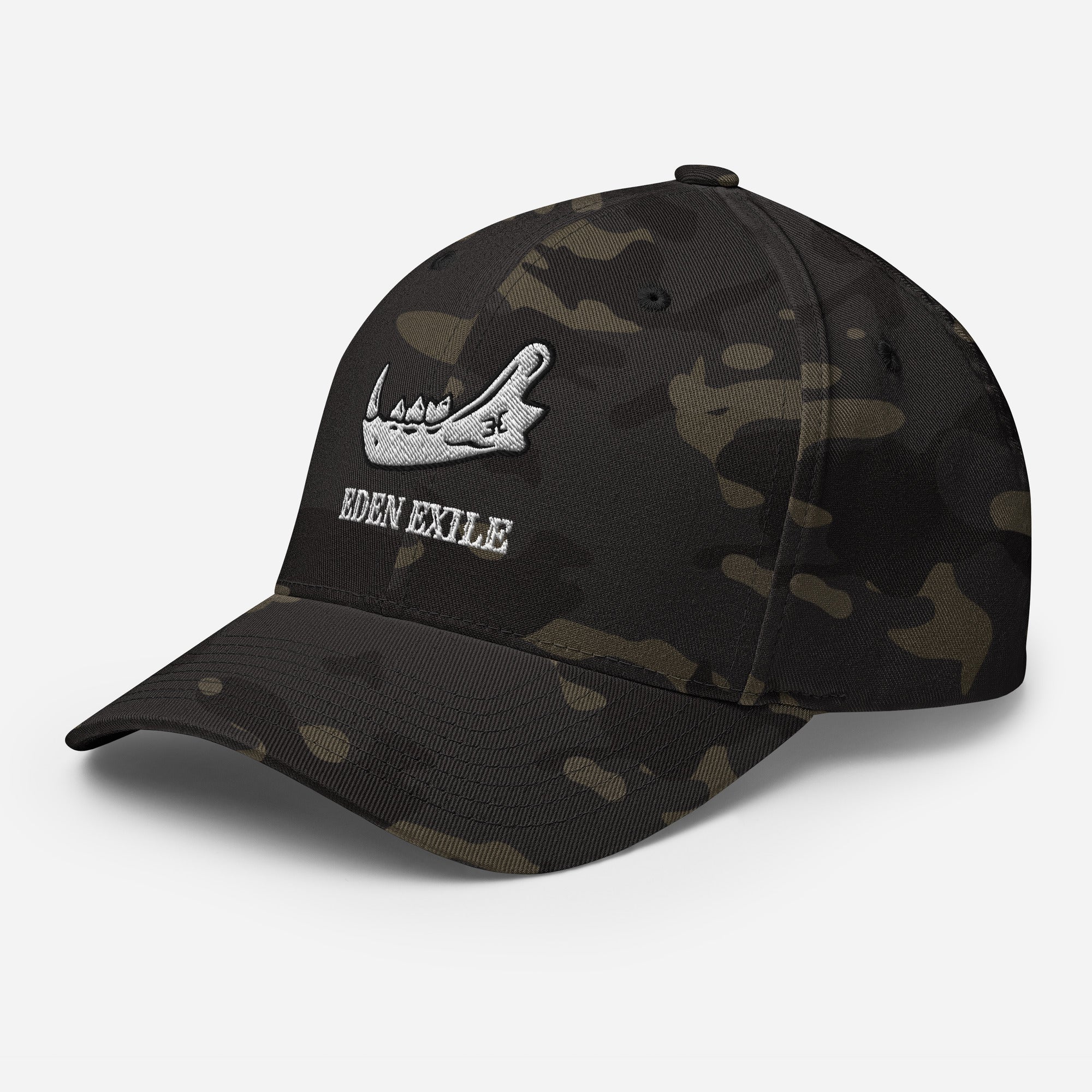 Camouflage baseball cap with 'Eden Exile' written under an animal JAW tattoo design on a white background