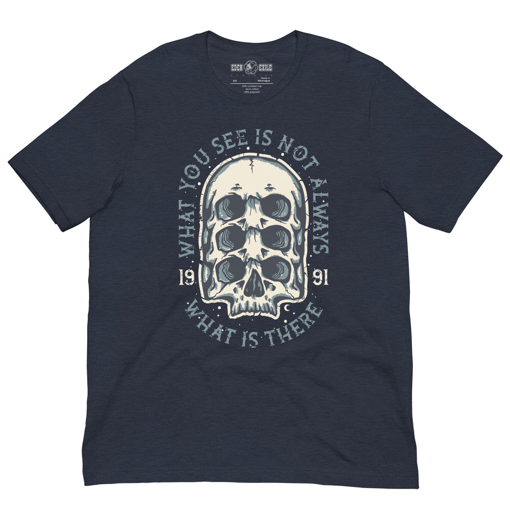 Navy heather t-shirt with a surreal skull design on a white background