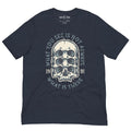 Navy heather t-shirt with a surreal skull design on a white background