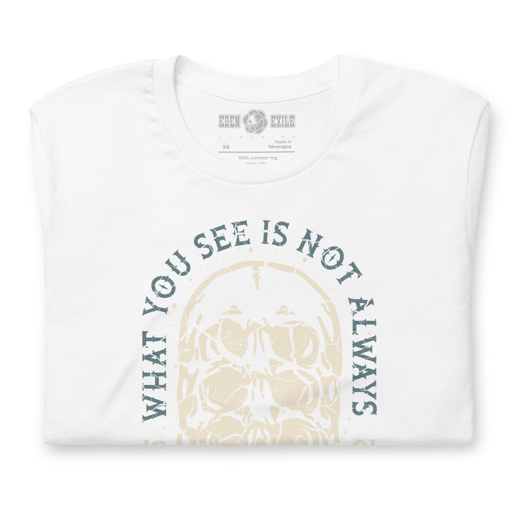 White t-shirt with skull graphic design and text 