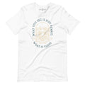 White t-shirt with a surreal skull design and text saying "what you see is not what is there"