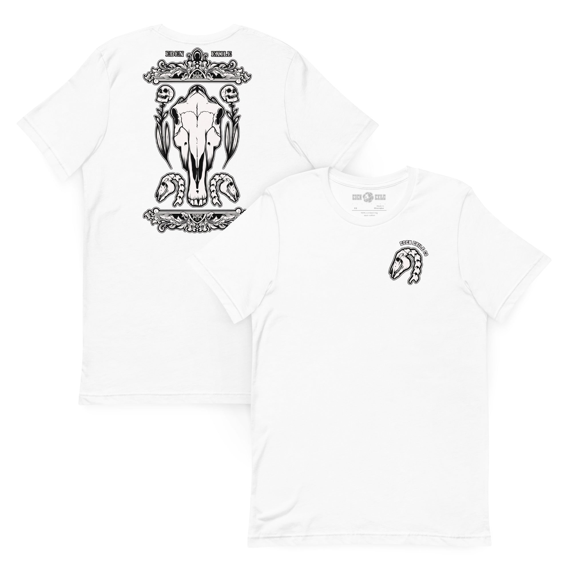 White t-shirt with horse skull, skeletons, flowers with human skulls for heard and detailed europian wood carving art.