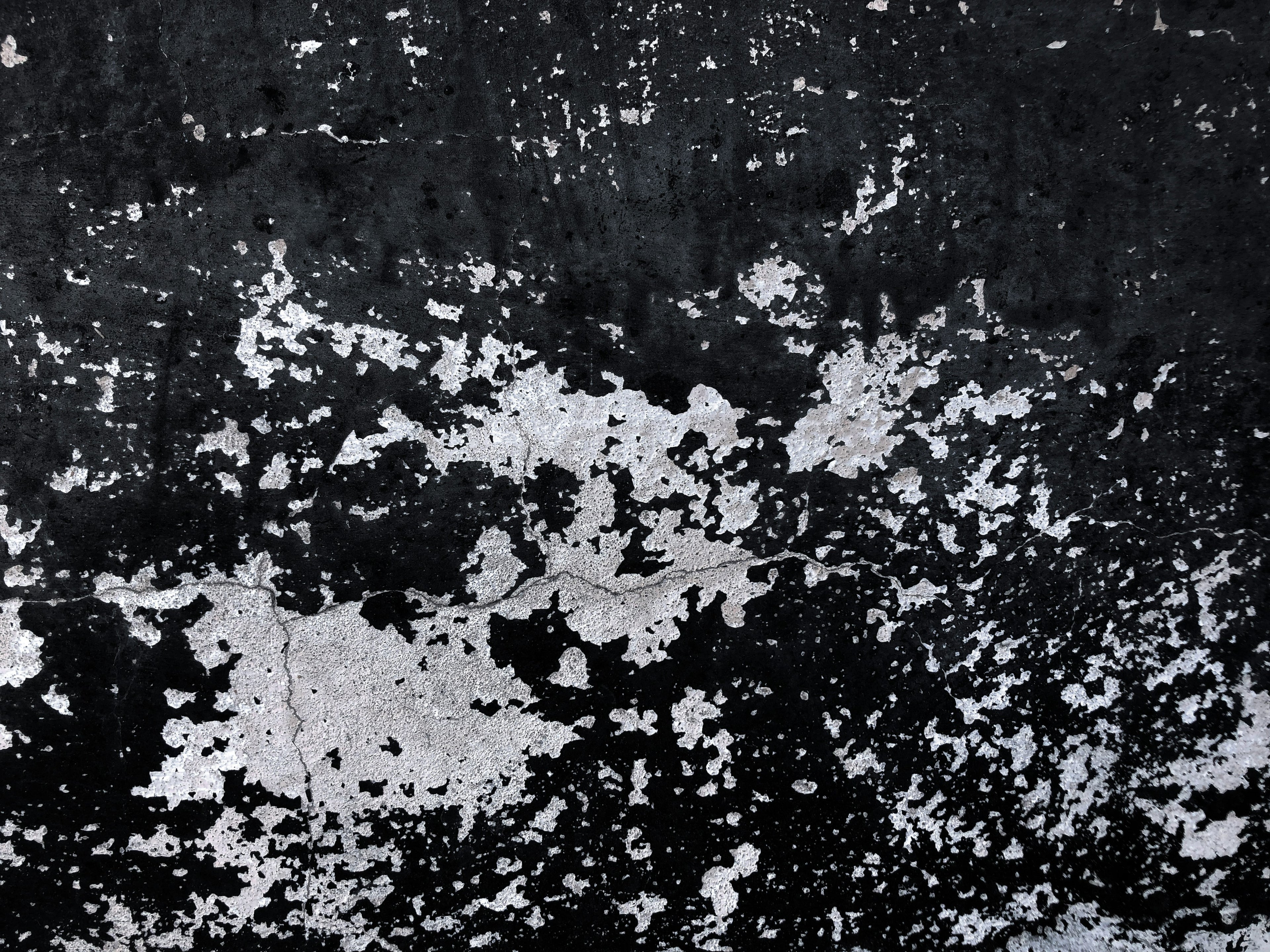 A close-up of a distressed black and white textured surface with peeling paint, cracks, and splattered grunge details.